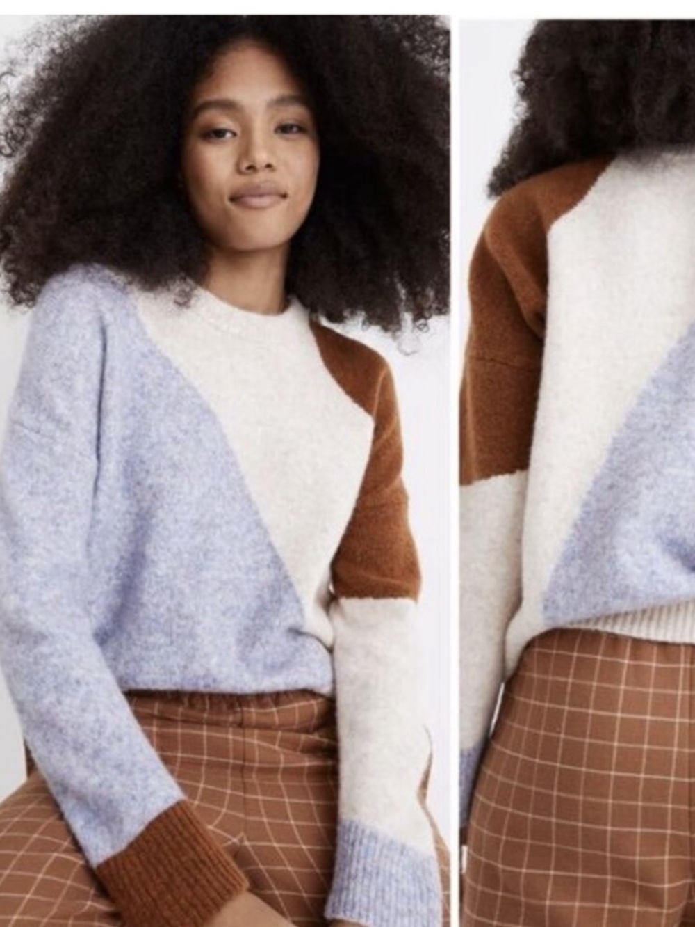 Madewell Colorblock Sweater XS Tan Brown Purple Wool Camel Boxy Academia Career
